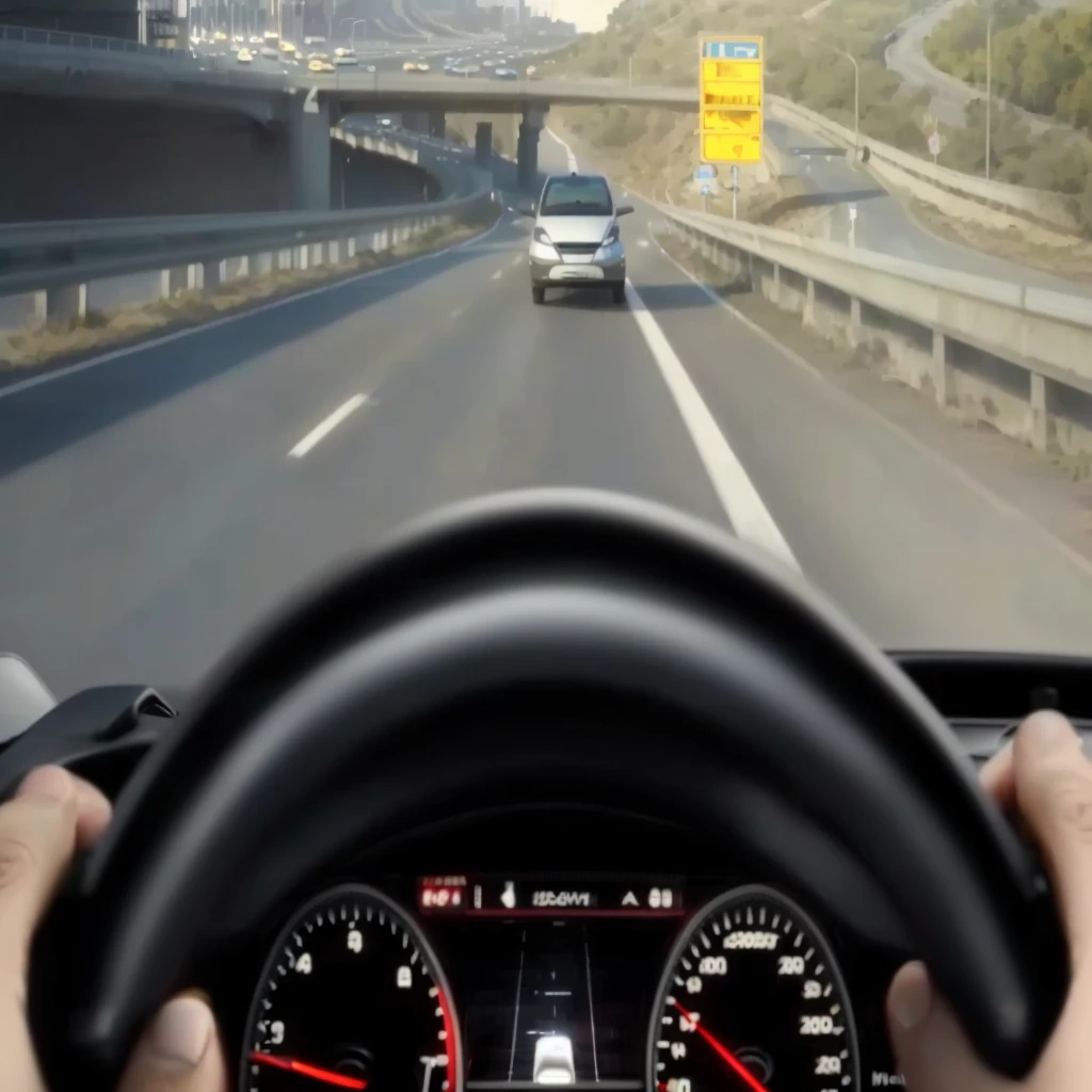 someone is driving a car on a highway with a bridge in the background, automotive, driving, car on highway, on realistic hud, dashcam footage, dash cam, wide fov, realistic depiction, easy, detailed surroundings, intelligent, driving fast, inside of a car, smart, advanced, car moving fast, wide, car, car, cars on the road