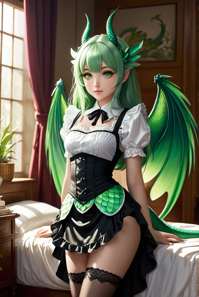 She is an Emerald Dragon Beastman, so she doesn't wear any clothes、She doesn't wear underwear because she's a dragon beastman、She is white and has very beautiful skin、Cute eyes、Beautiful pubic area without hair、sexypose、tchibi、Mega Mini、big breasts、fullnude、small areola、