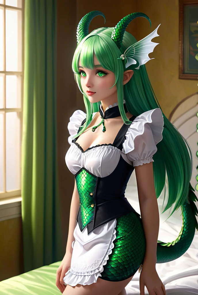 A maid stands beside a bed, illuminated by the soft morning light filtering through the curtains. She has long, soft green hair cascading over her shoulders and striking green eyes. Her white, smooth skin features patches of green scales on her wings, tail, cheeks, thighs, and the sides of her stomach. She also has small, curved horns on her head. Her wings are small and dragon-like, and her tail is covered in green scales. The scales on her body shimmer slightly in the light. She is wearing a black and white maid outfit designed to be both practical and alluring, with a form-fitting bodice and a short skirt that accentuates her graceful figure. Her outfit also has delicate lace trims and a small apron tied at the waist. Her expression is firm yet concerned as she looks down, focusing on her detailed and unique appearance. The room is softly lit with morning light, highlighting her striking features and the intricate details of her outfit and scales
