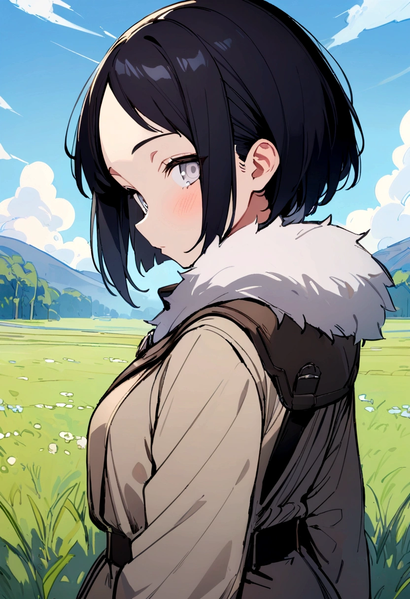 masterpiece, Best quality, 1 girl, Hyuga Hinata, black hair, short hair, white eyes, no students, coat, Forehead Protection, fur trim, Konohagakure symbol, long sleeves, hands behind your back, upper body, One, Looking at the viewer, grass, blue sky, Meadow background