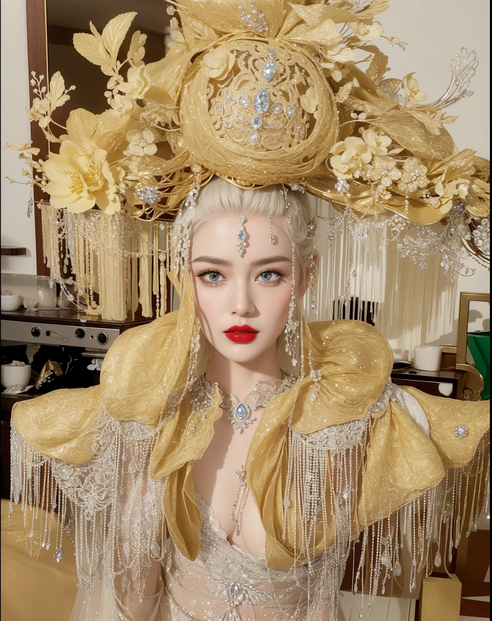 Royal princess,Super detailed, Delicate face, Stock Photography , Portrait 400, F1 Camera Lens.6, Colorful, Surrealism, Realistic textures, Dramatic Lighting, Thin Film Distiller 800 (8K, original photo, Better quality, masterpiece: 1.2), Super detailed, (Extremely delicate skin: 1.2), 8K 超高清, SLR camera, Soft Light, high quality.Fire Queen,Blue pupils,Apply red lipstick,Have a tattoo,The tattoo is very three-dimensional,Gorgeous and intricate tattoo designs,8K Mugshot,Large Breasts,Dark eyeshadow,Sexy thick lips(Red lipstick),Ice Princess,The facial features are very three-dimensional,Gorgeous and exquisite crystal diamond lace wedding dress,Silver armor,Exquisite and ornate silver decoration,Universe shining diamond gem,Ultra-clear portrait,Very exquisite and gorgeous jewelry