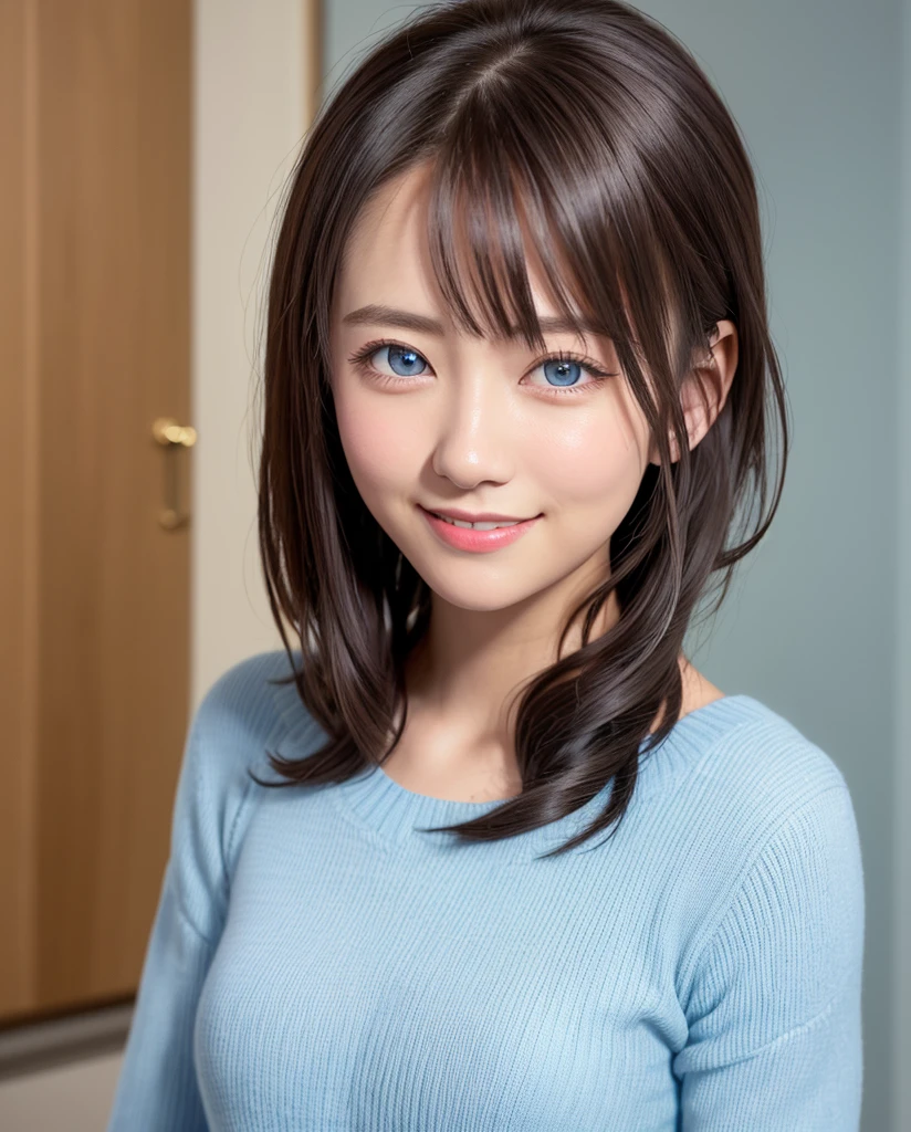 (masutepiece), (Best Quality), (ultra-detailliert),(disheveled hair),(Illustration), (1girl in), Standing, Smiling, Beautiful detailed eyes, Light blue eyes, Detailed beautiful face, (kamisato ayaka: 1.2), Focus on Face, Ponytail, kamisato ayaka(GenshinImpact), Light blue hair, detailed hairs, Bangs, The best lighting, Best Shadow, Highly detailed, Vibrant