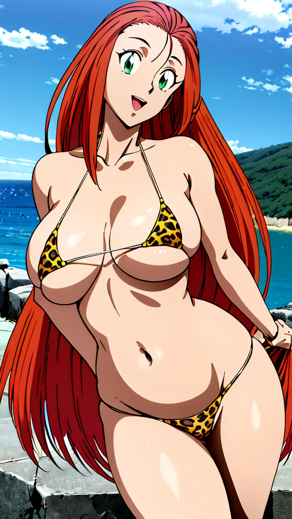 (masterpiece, 4K, Highest quality, anime style: 1.9, Detailed face, Lovely,bold, High resolution, anime, Ocean,Lake 4,alone, Curvaceous,  Cleavage, Center of chest, smile, Please open your mouth wide, Very slim belly, Cowboy Shot,Leopard print micro bikini,1 Girl,Green Eyes, Redhead, Long Hair, amount,Reiko Mikami (Nipples and pubic hair sticking out of swimsuit)