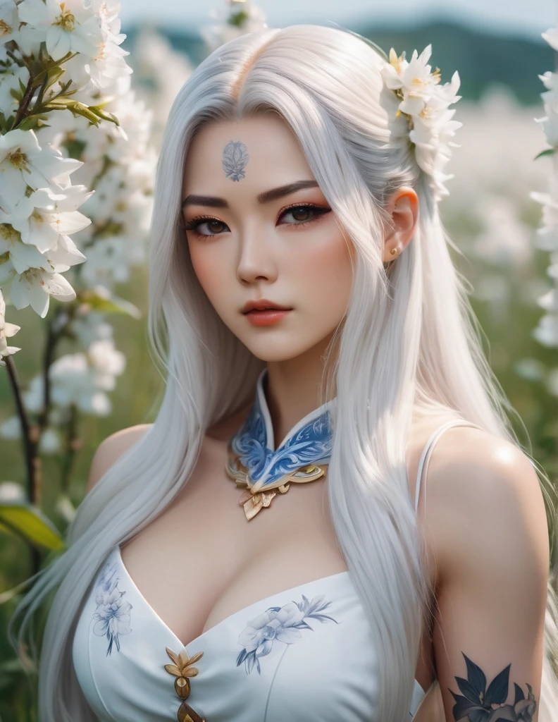 quality(8k wallpaper of extremely detailed CG unit, masterpiece, hight resolution, top-quality, top-quality real texture skin,hyper realisitic, digitial painting,increase the resolution,RAW photos,best qualtiy,highly detailed,the wallpaper),BREAK,8K, onmyoji-style art, white long hair , muscular girl, owel tattoos, white dress, full face, close up shot, in field of white flowers
