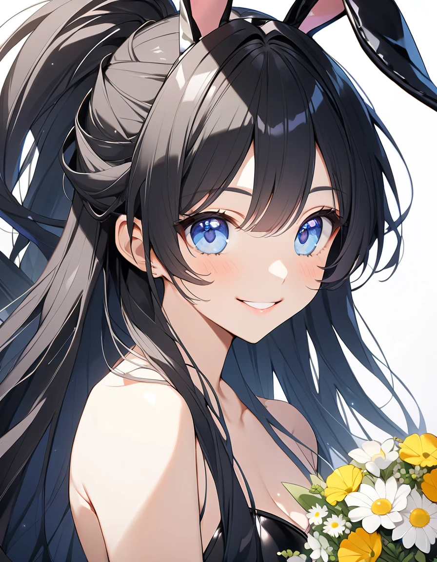 (Highest qualityのイラスト、Simple white background:1.2), (pretty girl:1.1), (1 girl、17 years old、), (1 girl、Kind eyes、blue eyes)、Black Hair、Semi-long hair、(Highest quality、Very detailed、Ultra-high resolution) 、Black Hairの美少女、smile、Bunny girl、Bunny ears、Black leotard、Larger breasts、holding a big bouquet、Close-up