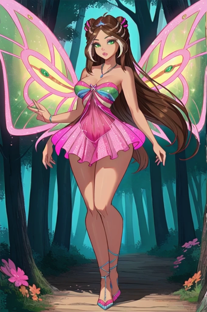 cinematic composition, professional full body shot photo of Flora,transparent dress, neckline., pink wings, sparklingtransparent clothing, green eyes, brown hair,
detailed skin, detailed eyes, finely detailed hair,
volumetric light, highrez, masterpiece, best quality,
fantasy forest,
