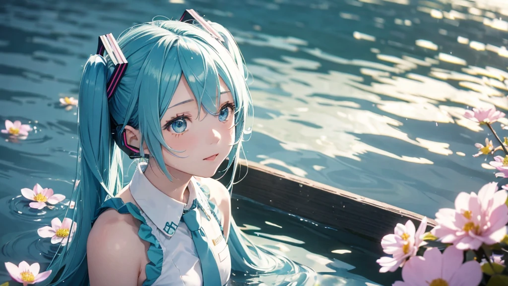 Hatsune Miku。In the background is a calm water surface.、Flowers illuminated by the morning sun々is spreading、Her light blue hair is soft and shiny.。