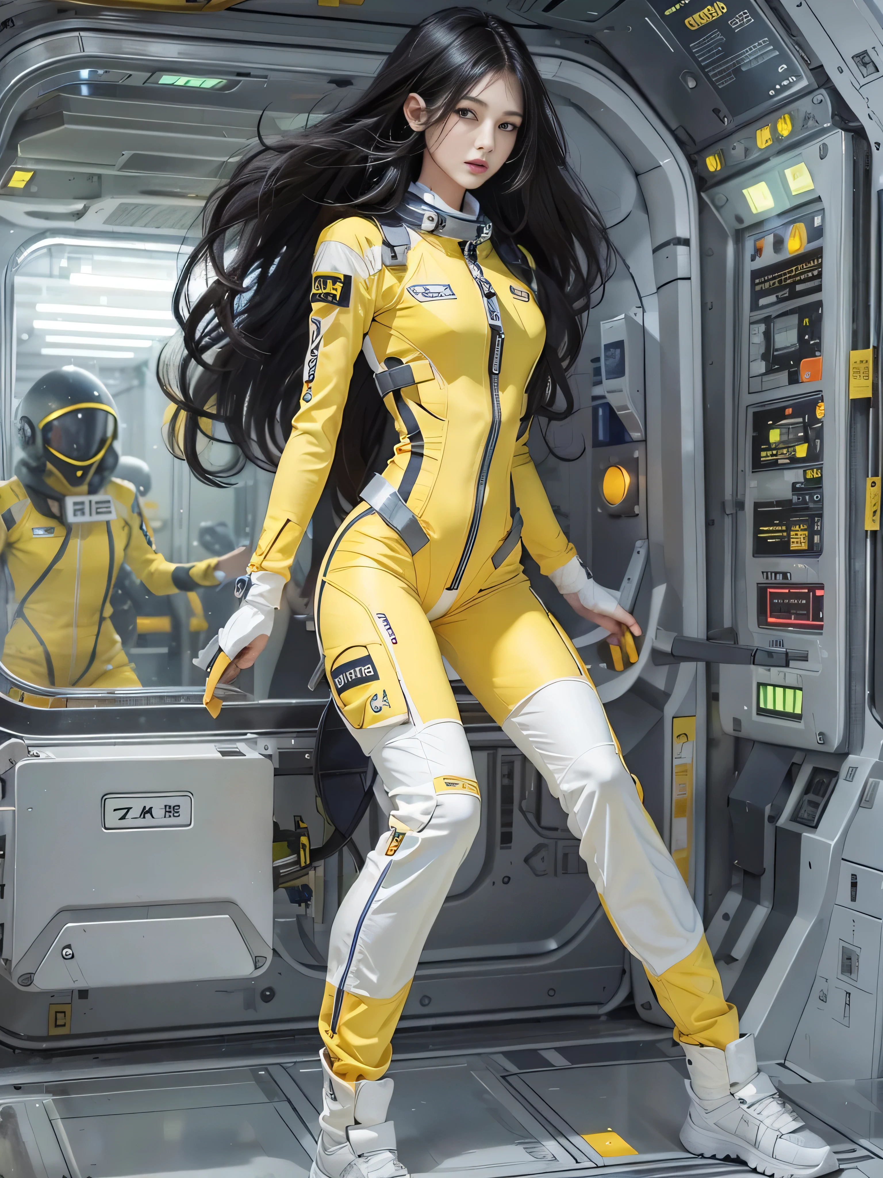 (Raw quality:1.4), Beautiful slim and long legged woman、Beautiful and well-groomed face、Long black hair、Smooth legs、Well-balanced and slim body、Full Body Lesbian、no gravity、Yellow spacesuits that fit snugly against the body、Inside the space station、mechanical、　White lighting