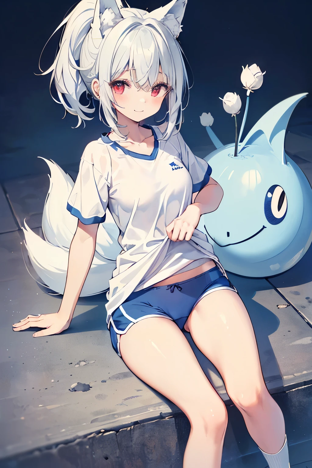 Silver Hair、Red eyes、Fox ears、girl、Small breasts、ponytail、girl、Small breasts、Bright smile、Looks about 15 years old、Petan Musume、He is short、Gym、【prompt】
break (Old style sportswear for Japanese schools:1.3), ((Soft cotton material, matte material):1.3), (Oversized soft cotton short sleeve U-neck white tunic:1.4), (Blue line on the top outline:1.3), ((Slim fit, Perfect fit) (Dark blue panties, Deep blue athletic micro shorts in soft cotton, Soft cotton dark blue bloomers):1.3), ((between legs, Upper thigh skin):1.3), (White socks:1.3), (Sneakers:1.2),
