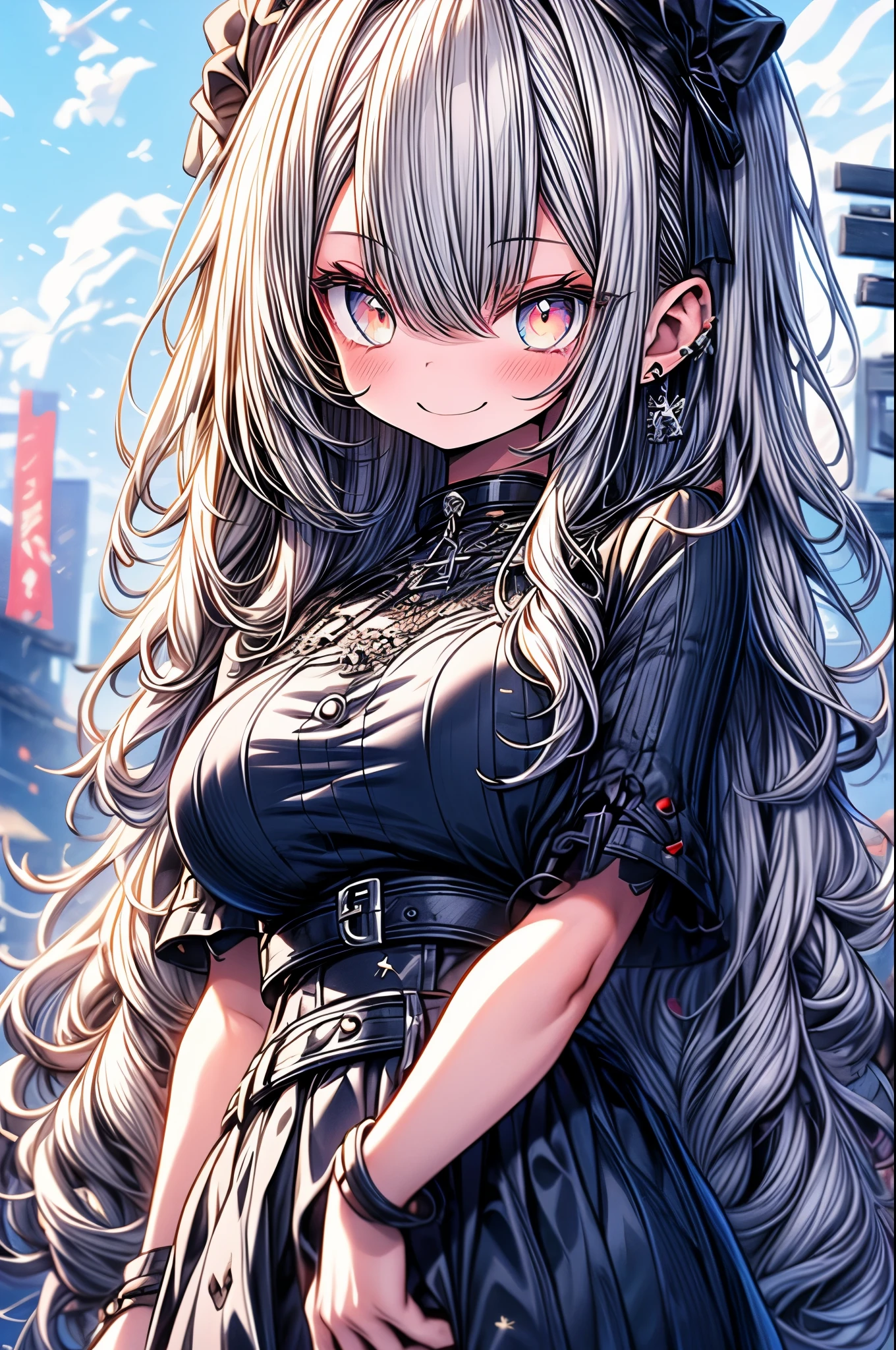 Anime girl with long hair and black dress standing in front of a city ...
