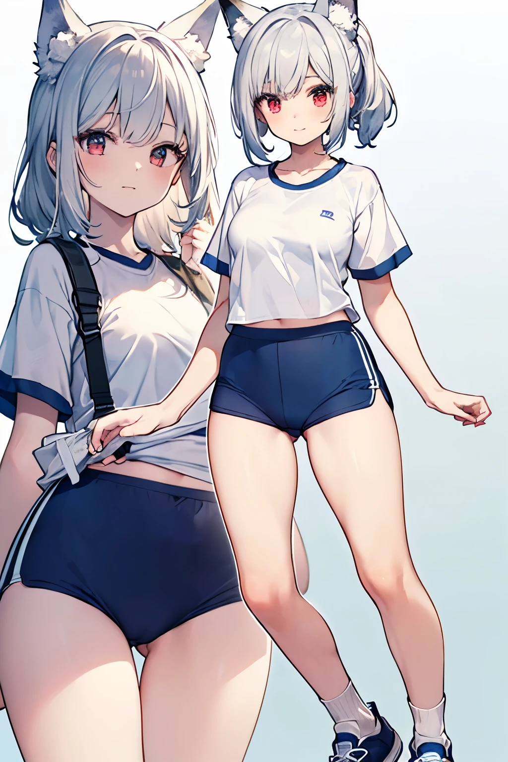 Silver Hair、Red eyes、Fox ears、girl、Small breasts、ponytail、girl、Small breasts、Bright smile、Looks about 、Petan Musume、He is short、Gym、【prompt】
break (Old style sportswear for Japanese schools:1.3), ((Soft cotton material, matte material):1.3), (Oversized soft cotton short sleeve U-neck white tunic:1.4), (Blue line on the top outline:1.3), ((Slim fit, Perfect fit) (Dark blue panties, Deep blue athletic micro shorts in soft cotton, Soft cotton dark blue bloomers):1.3), ((between legs, Upper thigh skin):1.3), (White socks:1.3), (Sneakers:1.2),