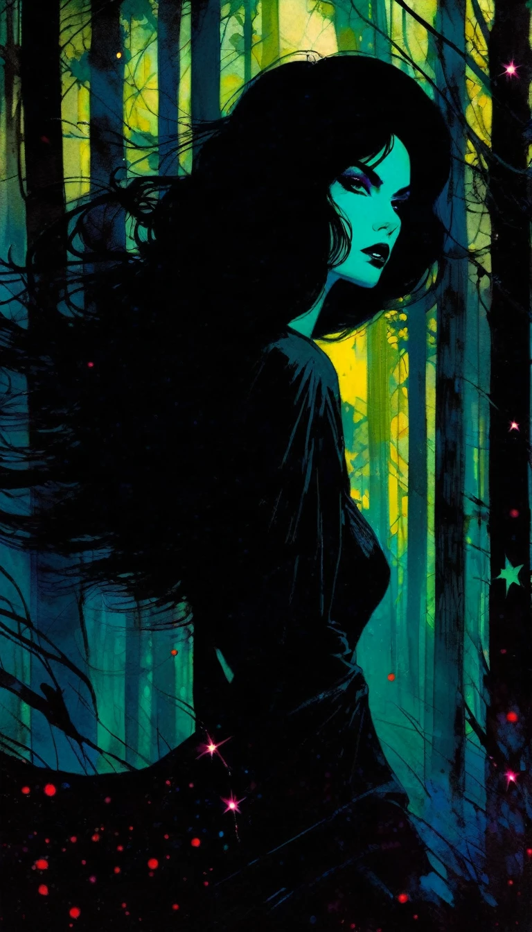 sexy black hair girl, dark forest, sinister, stars, background, art inspired by Bill Sienkiewicz
