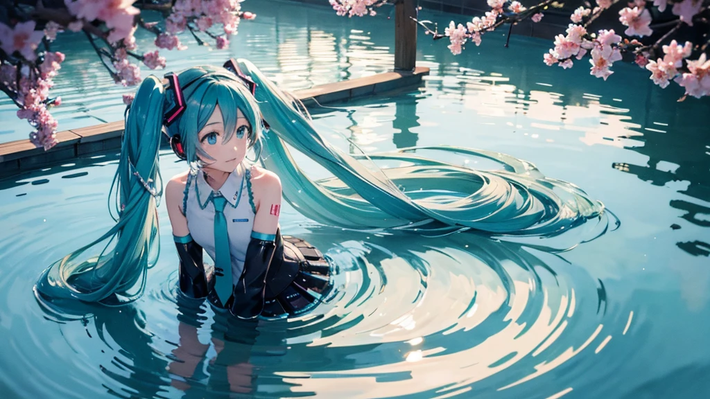 Hatsune Miku。In the background is a calm water surface.、Flowers illuminated by the morning sun々is spreading、Her light blue hair is soft and shiny.。