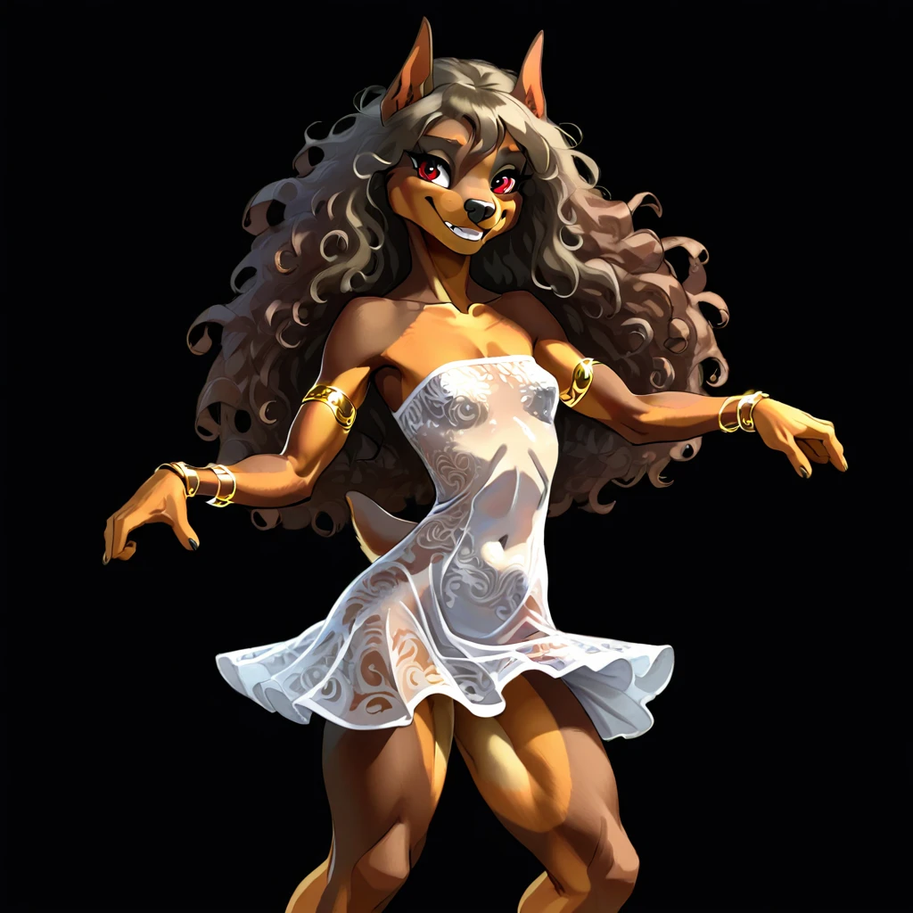 (anthro Dog:1.3), (dark brown fur:1.2), (doberman:1.1), muscular body, small breasts, (white slightly transparent strapless mini dress:1.0), (filigree gold bracelet:0.9), (black eye makeup:0.9), (full body view:1.0), toothy smilie, (dancing:1.5), black long curly hair, (black background:1.4), detailed skin texture, 24k resolution, highly detailed, (red eyes:0.9), (natural front light:0.5)