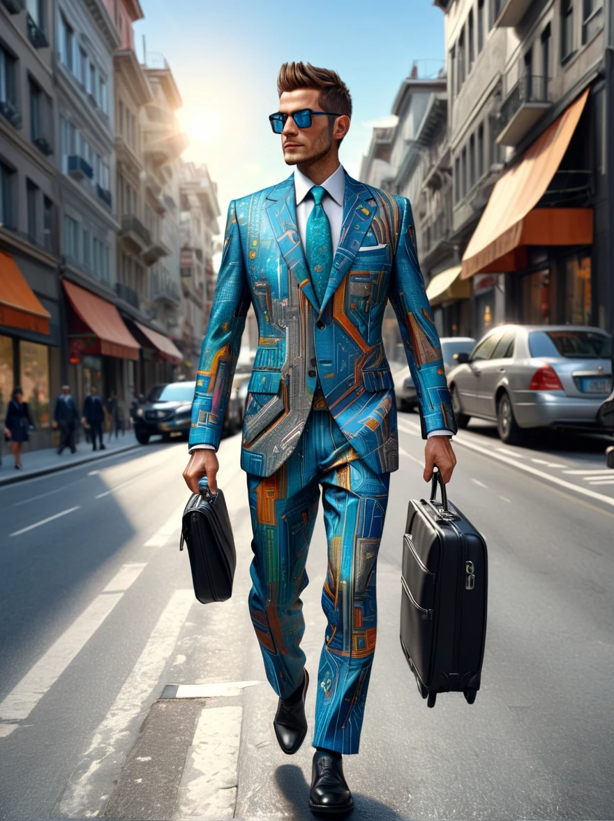 Man in crazy traveling business suit walking through the city(masterpiece:1.2), best quality, (Ultra Detailed, The most detailed:1.2), High-resolution textures