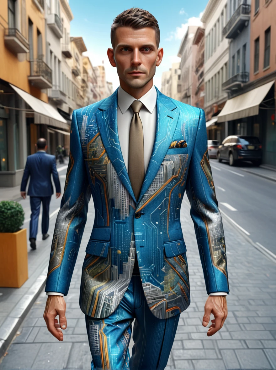 Man in crazy traveling business suit walking through the city(masterpiece:1.2), best quality, (Ultra Detailed, The most detailed:1.2), High-resolution textures