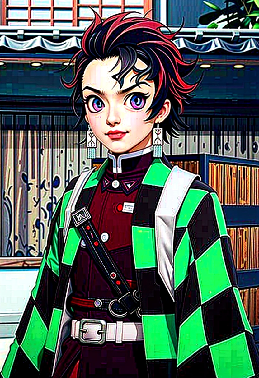 un garçon vêtue d'un manteau rayé vert et noir se tient devant un tonneau, Kimetsu no Yaiba, handsome guy in Tueur de démons art, Tanjiro Kamado, Tueur de démons rui fanart, épingler sur l'anime, le joker ressemble à Naruto, meilleur design de personnage d'anime, Tueur de démons artstyle, Tueur de démons, Mai Yoneyama, Wataru Kajika