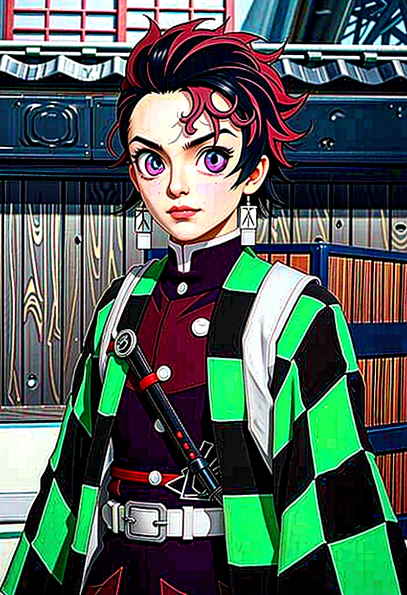 un garçon vêtue d&#39;un manteau rayé vert et noir se tient devant un tonneau, Kimetsu no Yaiba, handsome guy in Tueur de démons art, Tanjiro Kamado, Tueur de démons rui fanart, épingler sur l&#39;anime, le joker ressemble à Naruto, meilleur design de personnage d&#39;anime, Tueur de démons artstyle, Tueur de démons, Mai Yoneyama, Wataru Kajika