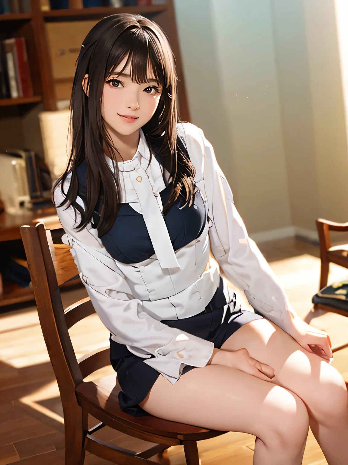 raw photo, 1girl, cute face, beautiful face, medium breast, White blouse, light smile, detailed skin, simple background, Above the knee, sit on a chair, Seductive pose, photorealistic, masterpiece, best quality, anatomically correct, UHD