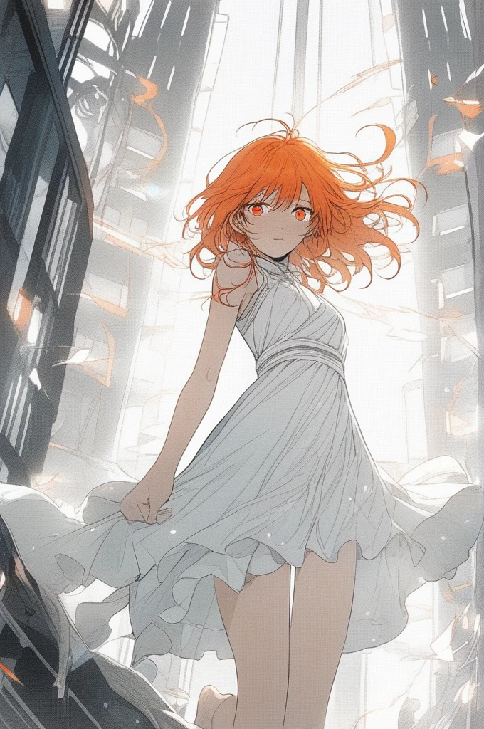 1girl, orange hair, red eyes, dress, (solo:1.3),