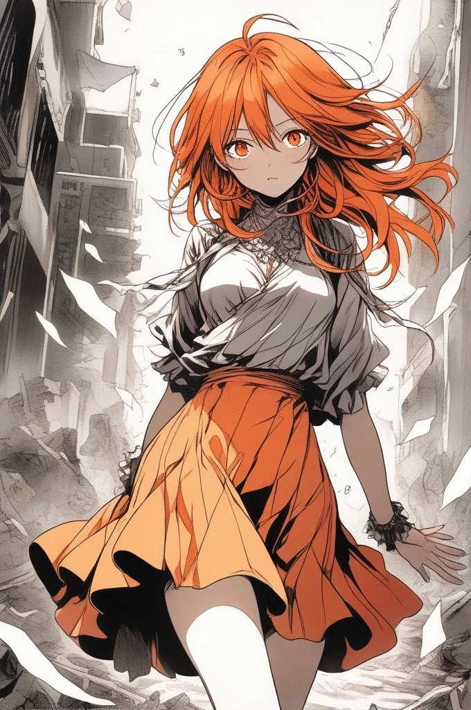 1girl, orange hair, red eyes, dress, (solo:1.3),