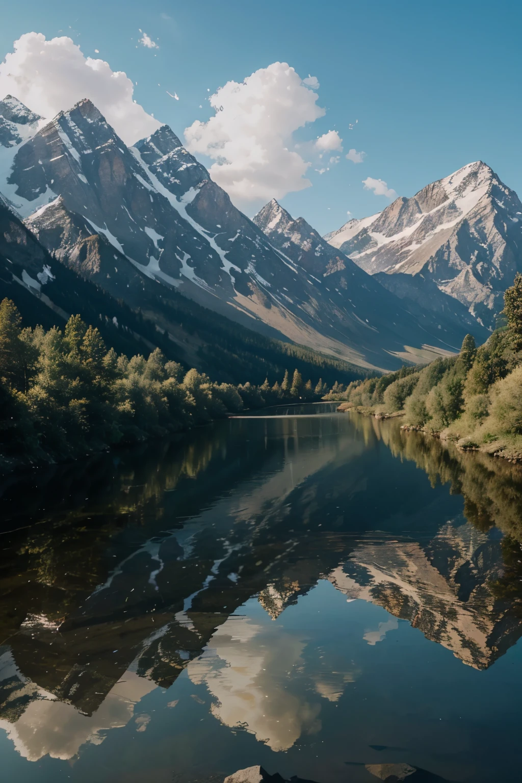 A beautiful landscape with mountains, rivers and other things that all of this is inside a mirror that is breaking and falling into pieces.