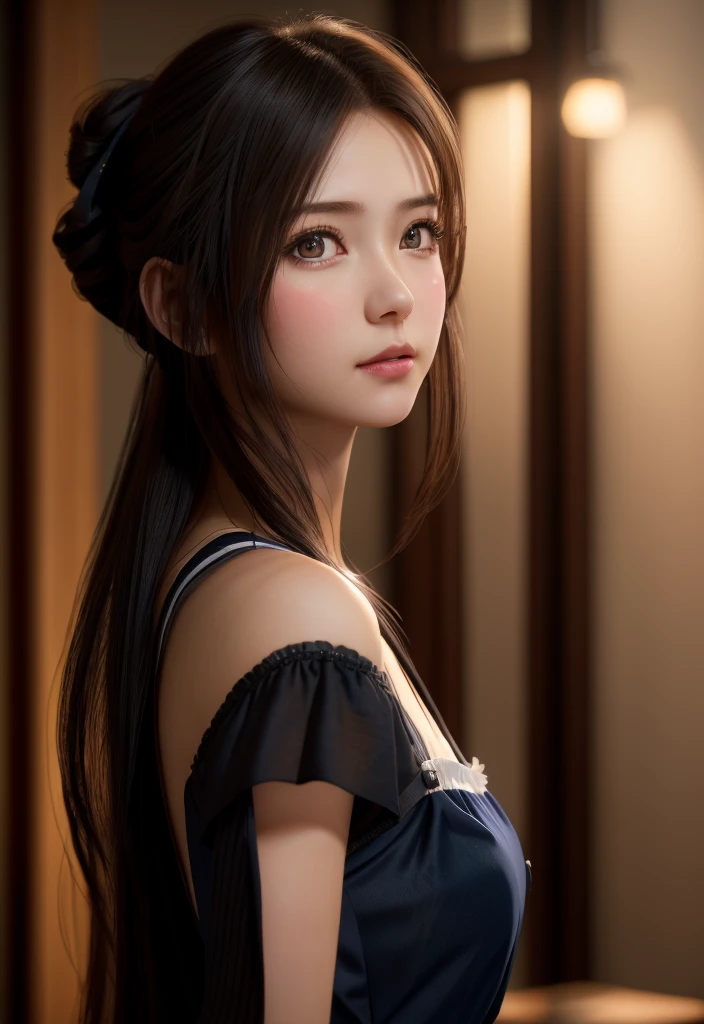 8K, of the highest quality, masutepiece:1.2), (Realistic, Photorealsitic:1.37), of the highest quality, masutepiece, Beautiful young woman, Pensive expression,、A charming、and an inviting look, Cute Maid Clothes, Hair tied back, Cinematic background, Light skin tone