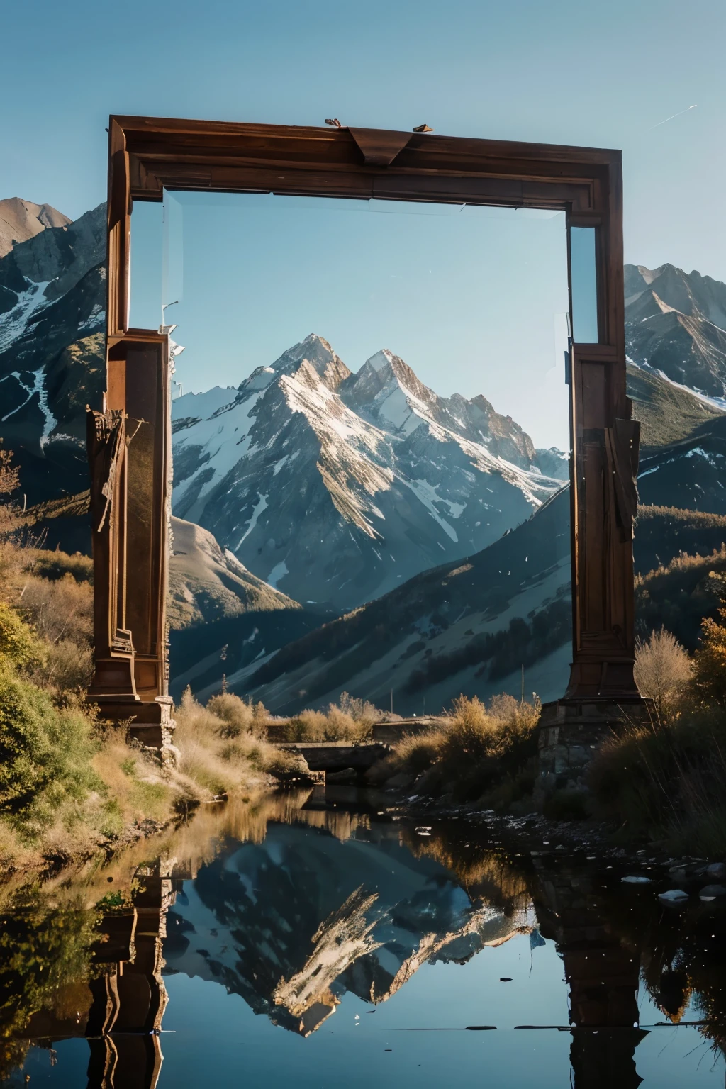 A beautiful landscape with mountains, rivers and other things that all of this is inside a mirror that is breaking and falling into pieces. 