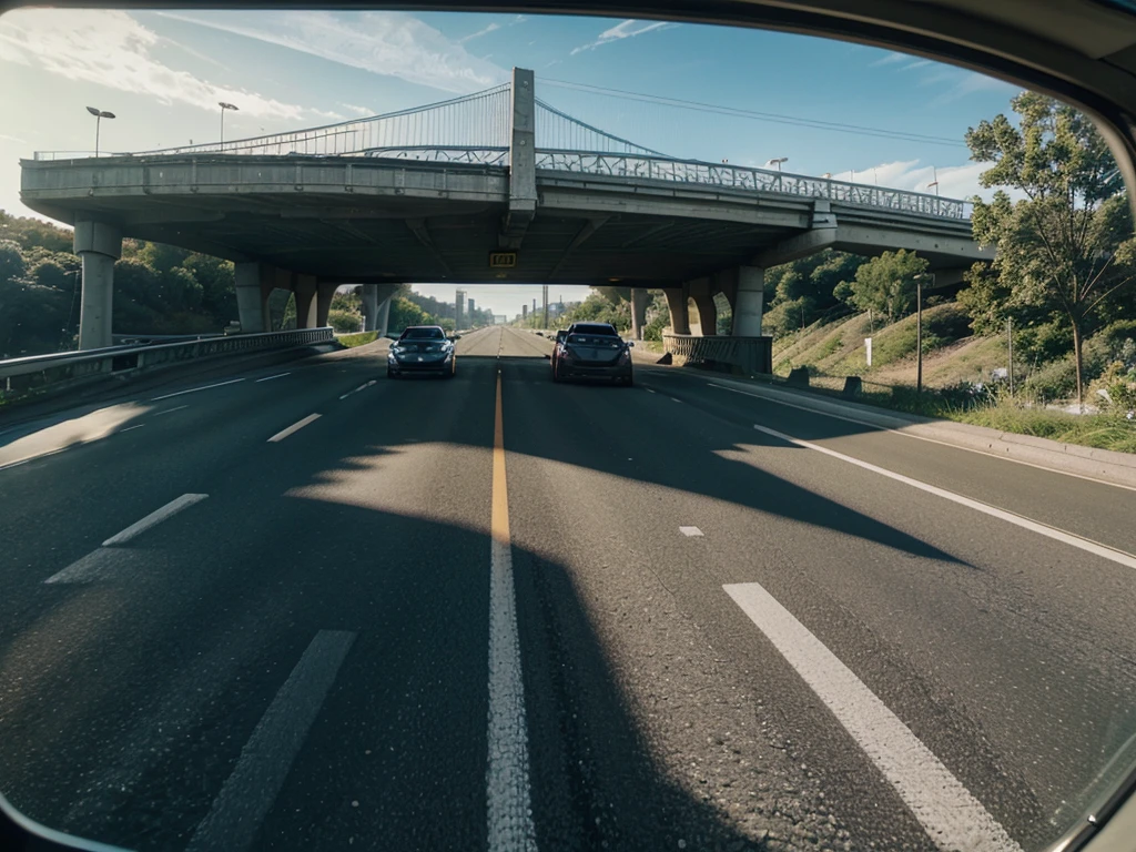 someone is driving a car on a highway with a bridge in the background, automotive, driving, car on highway, on realistic hud, dashcam footage, dash cam, wide fov, realistic depiction, easy, detailed surroundings, intelligent, driving fast, inside of a car, smart, advanced, car moving fast, wide, car, car, cars on the road