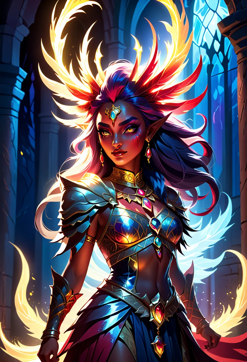 A high-quality digital illustration of Beasts of the Light, featuring the character Liandra in a Bloody Neat style, inspired by Southern Pride. Detailed and dramatic portrayal, illuminated with radiant light and dark shadows, fantasy art, dynamic composition, intricate details, vibrant colors, mystical atmosphere, character design focused, artstation trending, 4k resolution.