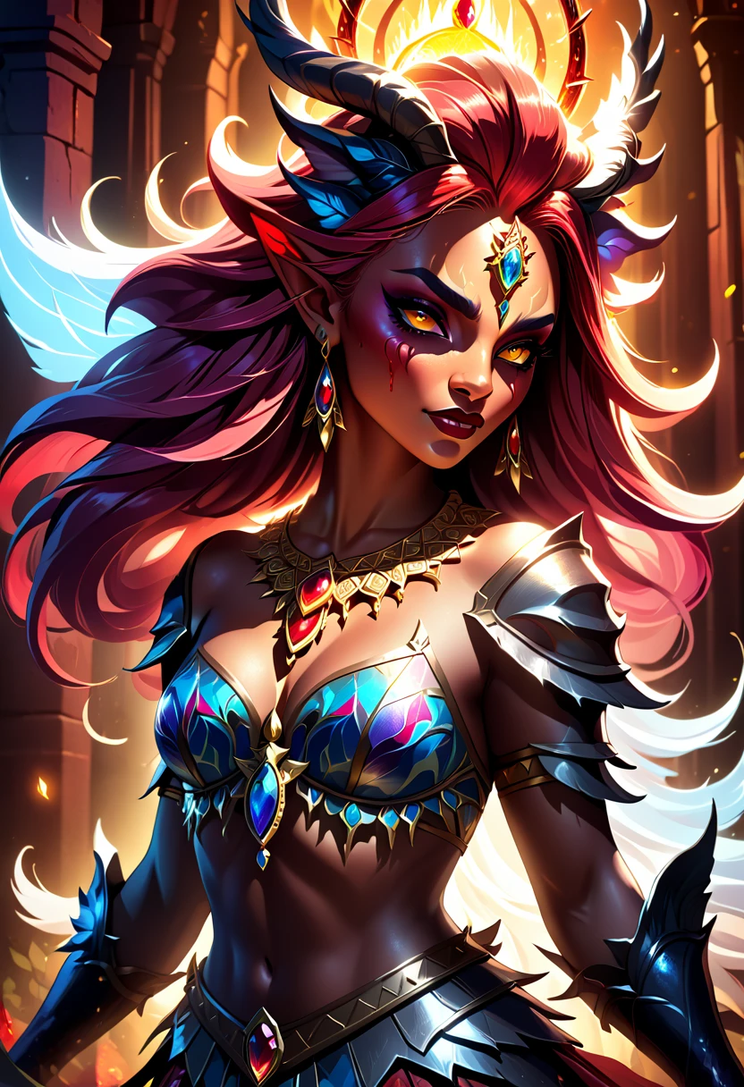 A high-quality digital illustration of Beasts of the Light, featuring the character Liandra in a Bloody Neat style, inspired by Southern Pride. Detailed and dramatic portrayal, illuminated with radiant light and dark shadows, fantasy art, dynamic composition, intricate details, vibrant colors, mystical atmosphere, character design focused, artstation trending, 4k resolution.