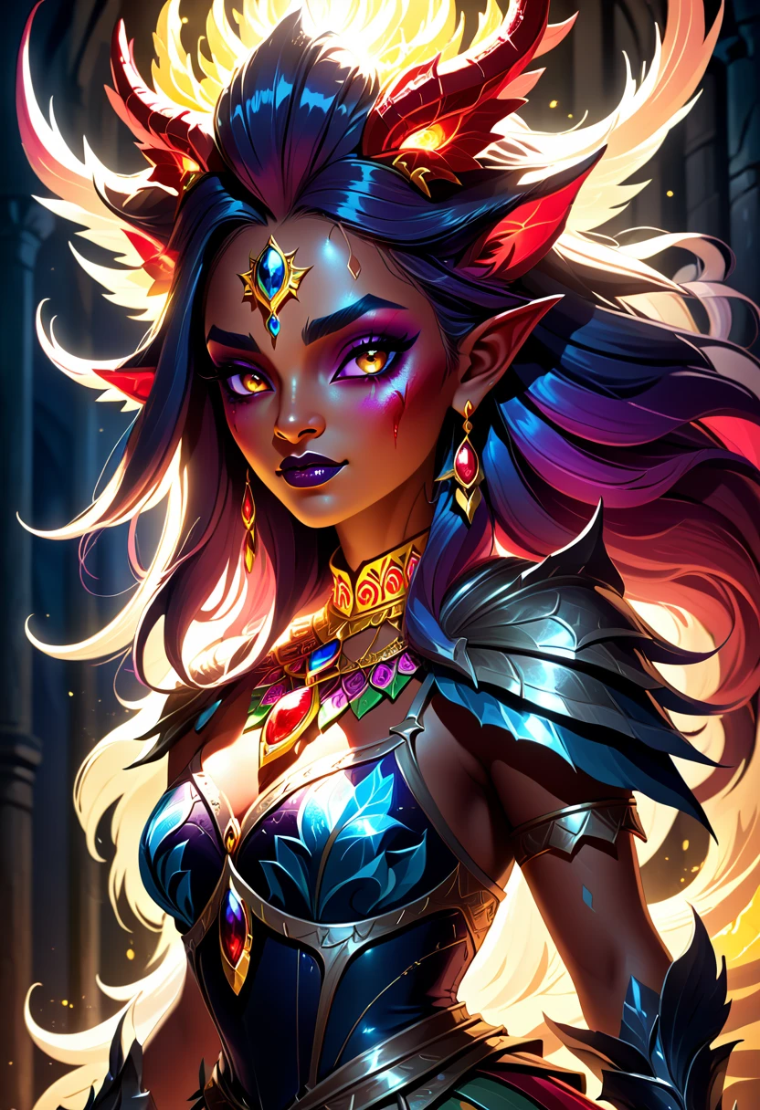 A high-quality digital illustration of Beasts of the Light, featuring the character Liandra in a Bloody Neat style, inspired by Southern Pride. Detailed and dramatic portrayal, illuminated with radiant light and dark shadows, fantasy art, dynamic composition, intricate details, vibrant colors, mystical atmosphere, character design focused, artstation trending, 4k resolution.