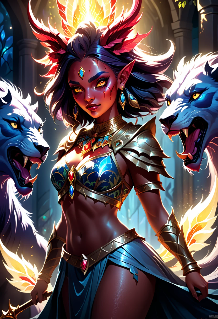 A high-quality digital illustration of Beasts of the Light, featuring the character Liandra in a Bloody Neat style, inspired by Southern Pride. Detailed and dramatic portrayal, illuminated with radiant light and dark shadows, fantasy art, dynamic composition, intricate details, vibrant colors, mystical atmosphere, character design focused, artstation trending, 4k resolution.