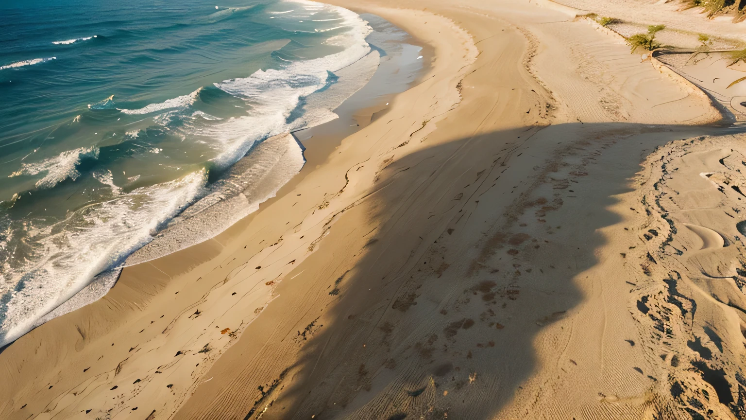 empty abstract sand beach with palm leaf shadow and transparent water wave from above, blank background banner for travel, vacation and wellbeing with copy space