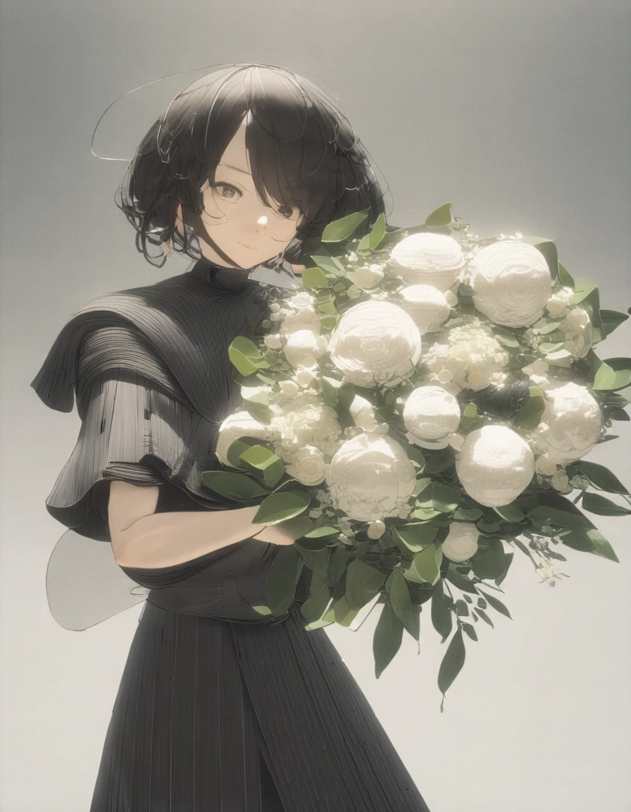 (Highest qualityのイラスト、Simple white background:1.2), (pretty girl:1.1), (1 girl、17 years old、), (1 girl、Kind eyes、blue eyes)、Black Hair、Semi-long hair、(Highest quality、Very detailed、Ultra-high resolution) 、Black Hairの美少女、smile、Bunny girl、Bunny ears、Black leotard、Larger breasts、holding a big bouquet