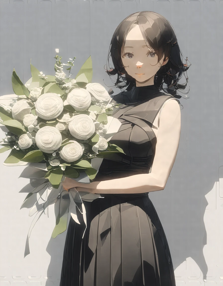 (Highest qualityのイラスト、Simple white background:1.2), (pretty girl:1.1), (1 girl、17 years old、), (1 girl、Kind eyes、blue eyes)、Black Hair、Semi-long hair、(Highest quality、Very detailed、Ultra-high resolution) 、Black Hairの美少女、smile、Bunny girl、Bunny ears、Black leotard、Larger breasts、holding a big bouquet