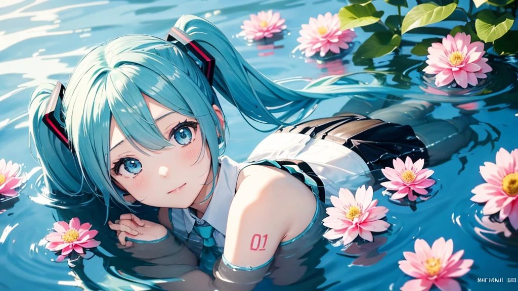 Hatsune Miku。In the background is a calm water surface.、Flowers illuminated by the morning sun々is spreading、Her light blue hair is soft and shiny.。
