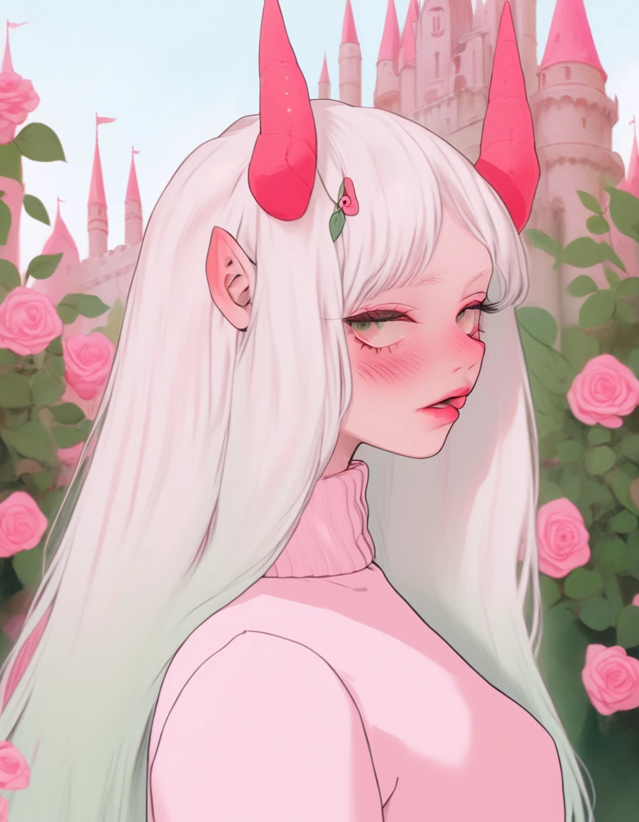 albino demon girl standing with ( green curls hair:1.3) , walking through pink rose bushes and castle in the distance, pink turtleneck sweater with (tulle skirt:1.2), braces, chewing gum , winking ,(long intricate horns:1.2) sneakers with socks,