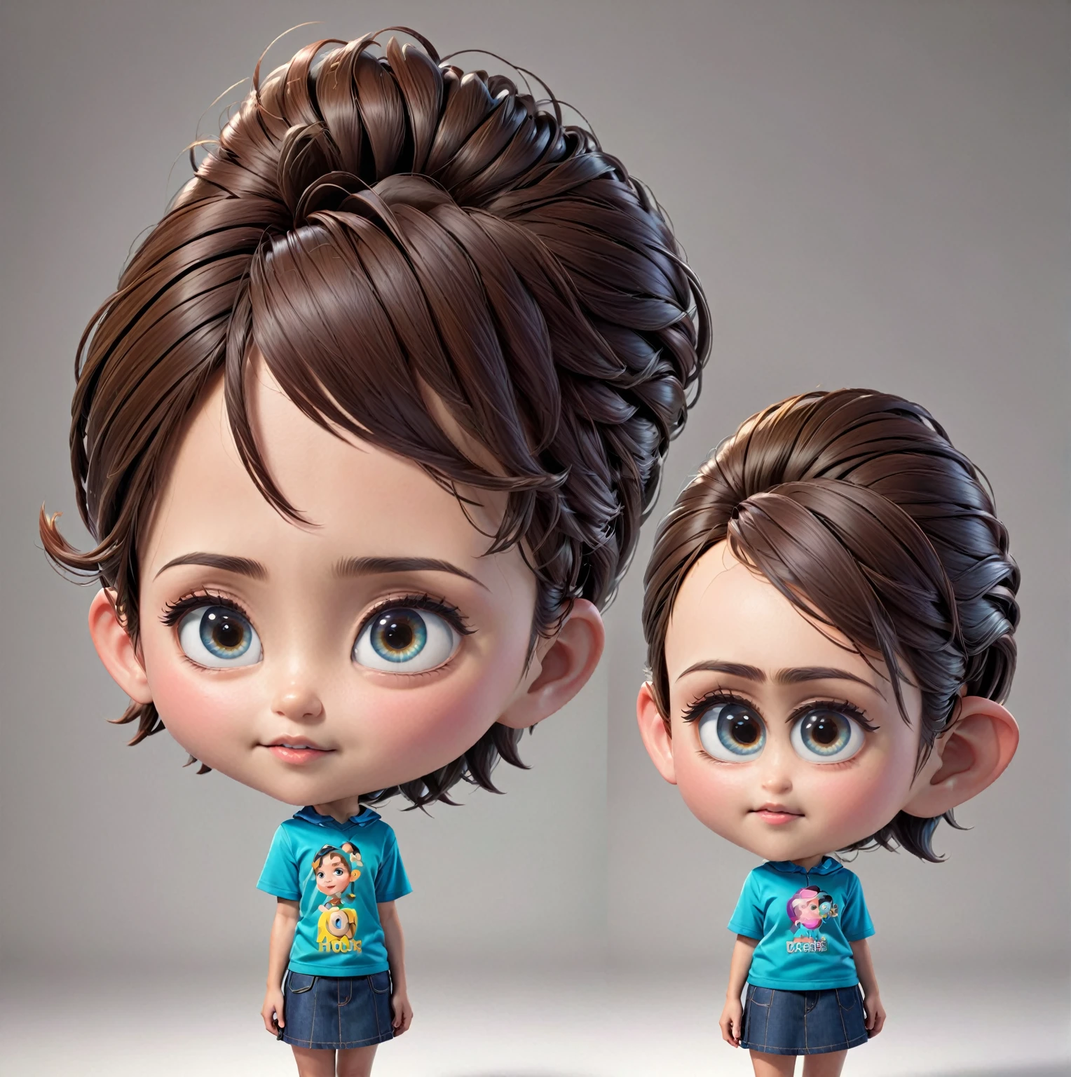 Create a realistic, full-bodied 4D cartoon character with a big head for a -yeld. Pse confirm the big head and .