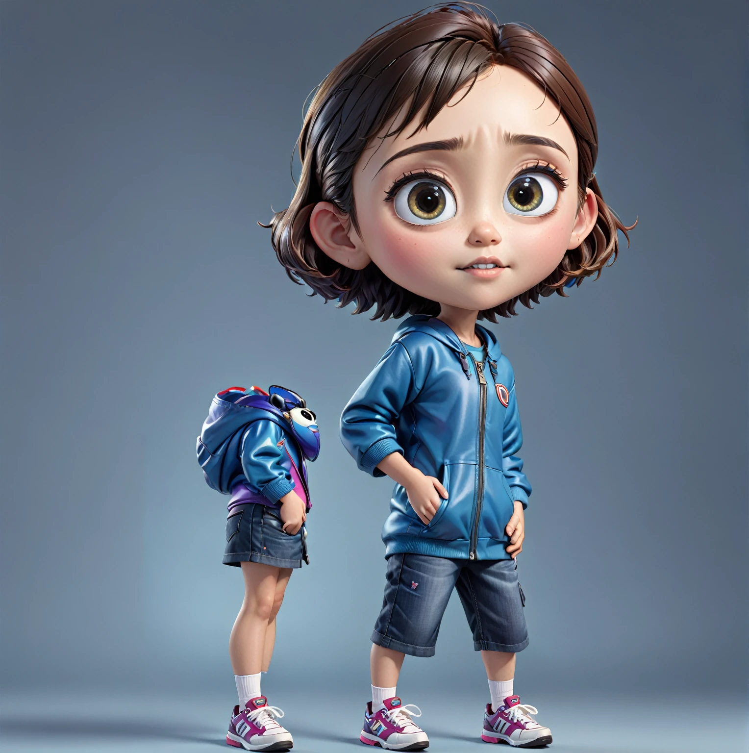 Create a realistic, full-bodied 4D cartoon character with a big head for a -yeld. Pse confirm the big head and .
