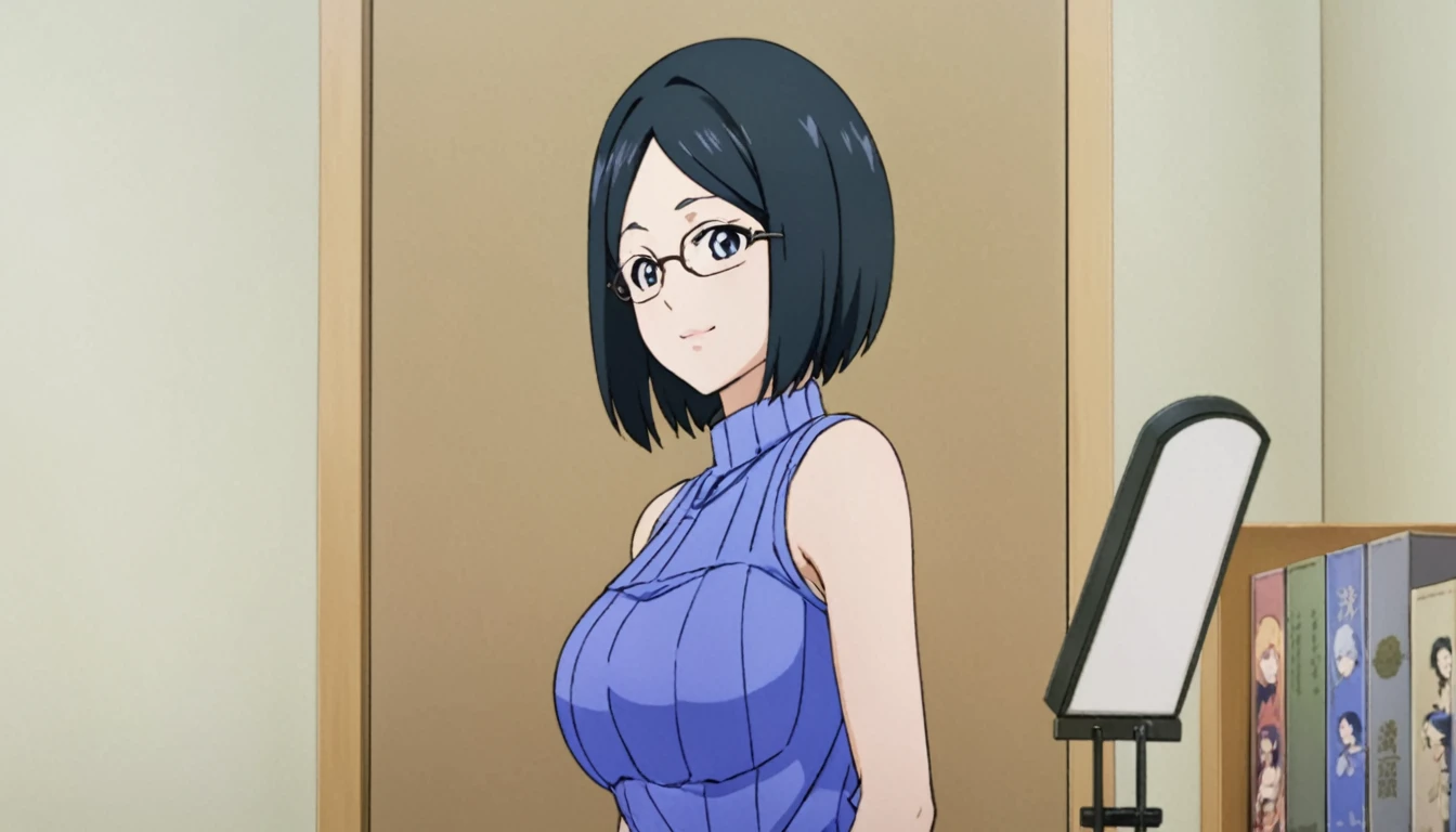 anime girl in blue dress standing in front of a bookshelf, Hinata hyuga, cell shadow adult animation, Hinata hyuga from naruto, as anime character, Fubuki, anime cel shading, anya from the spy family x, female anime character, Nico Robin, portrait of mayuri shiina, anime visual of a young woman, yaoi kasuma