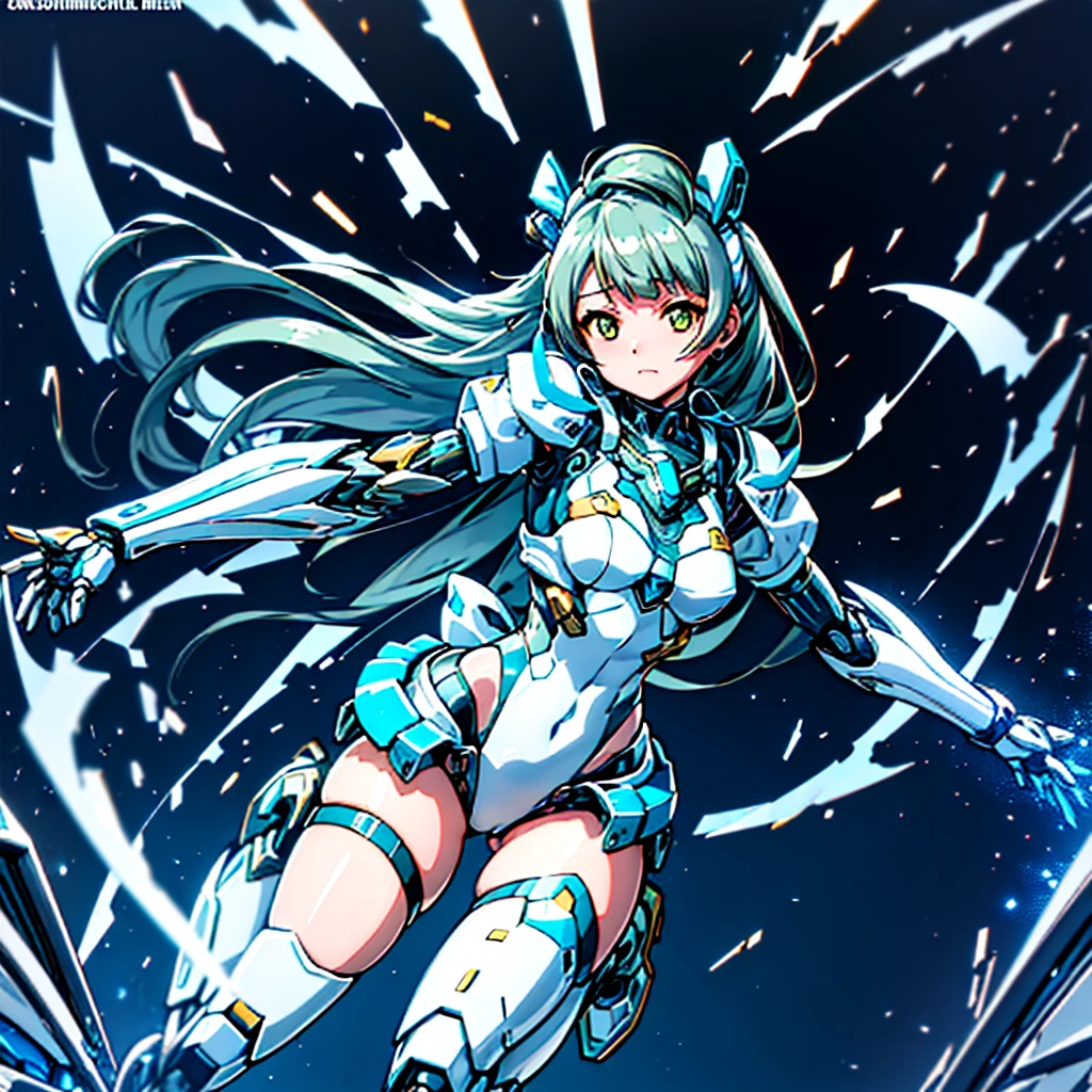 masterpiece, high quality, Cyborgization、Destroyed gynoid cyborg body、The face is of Minami Kotori.、mechanical parts、Blue and white leotard armor、solo focus、Single image、from front, full body、Mechabare、damage、The body is destroyed, exposing the precision machinery、Barcode on thigh