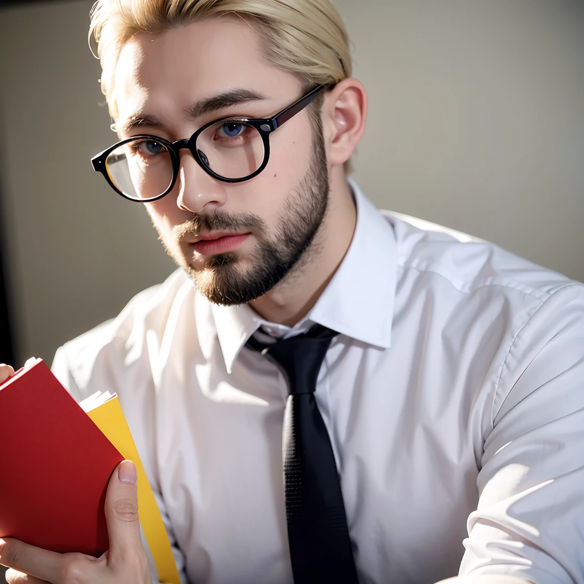 Male German teacher, wearing a white shirt, wearing a tie, wearing glasses, blonde haired, Bearded, low fade hairstyle, masculine