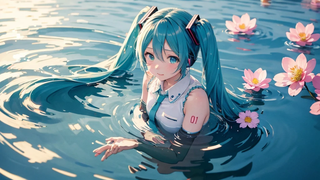 Hatsune Miku。In the background is a calm water surface.、Flowers illuminated by the morning sun々is spreading