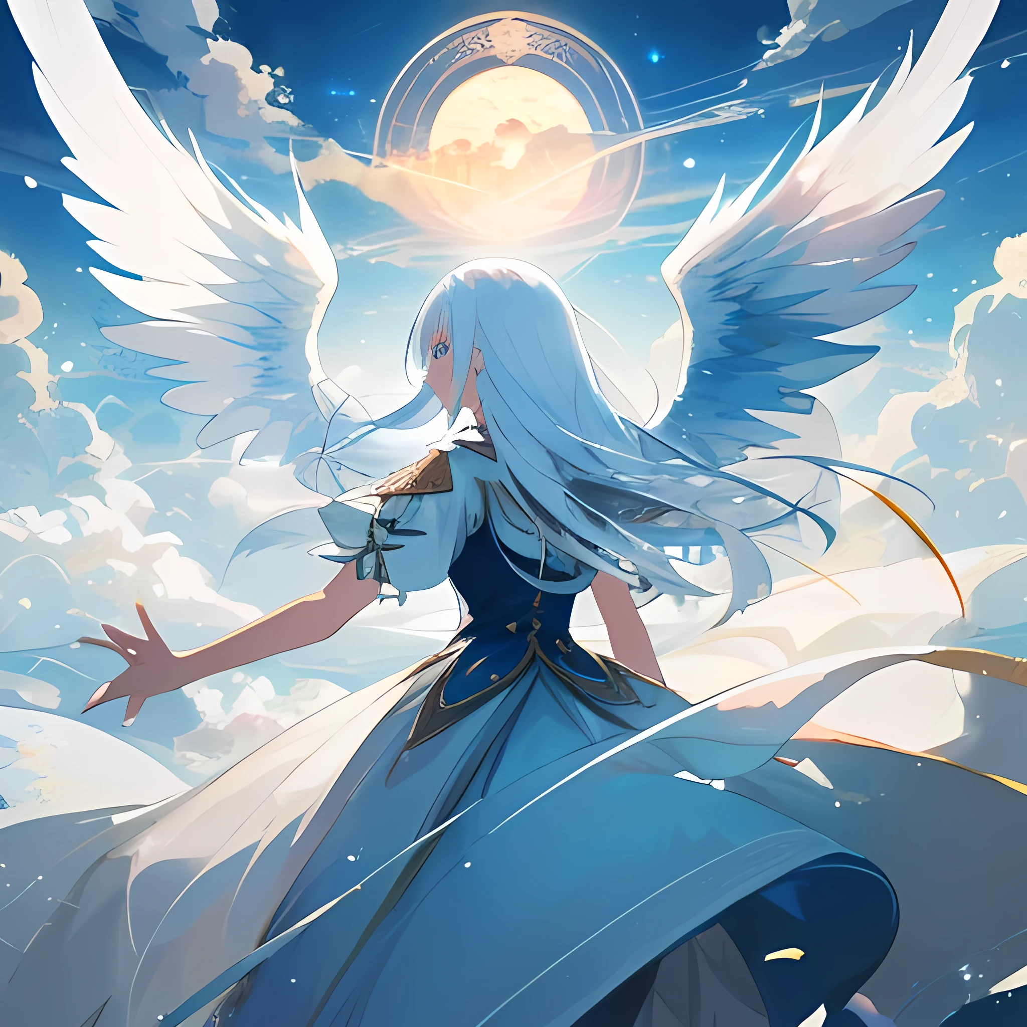 (Masterpiece, Highest quality:1.3), ultra high definition, Fantasy, angel、woman、white hair、blue eyes、straight hair、long、Dancing、cloud、measure、beautiful light、radius、overlook、back view、set、swaying in the wind、large wings on the back、looking up at the sky