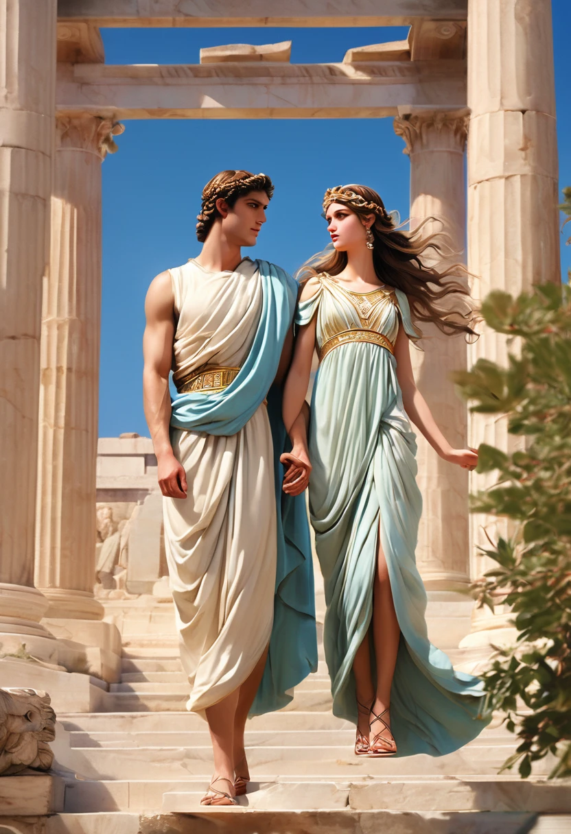 Very best quality, masterpiece , a very retro vintage kinda look feel 8K,High HD,higher rselutionHigh quality very anime semi realism In Ancient classical Athens Show a young strong powerful looking handsome youvng man a yoing very lovely woman in ancient classical greek dress fashions that is loose cooling flowy kinda thin almost filmy and in pastels and vibrant bright colors very greek very classical old ancient world look feel intricate somewhaty elaborate detaile defined looking