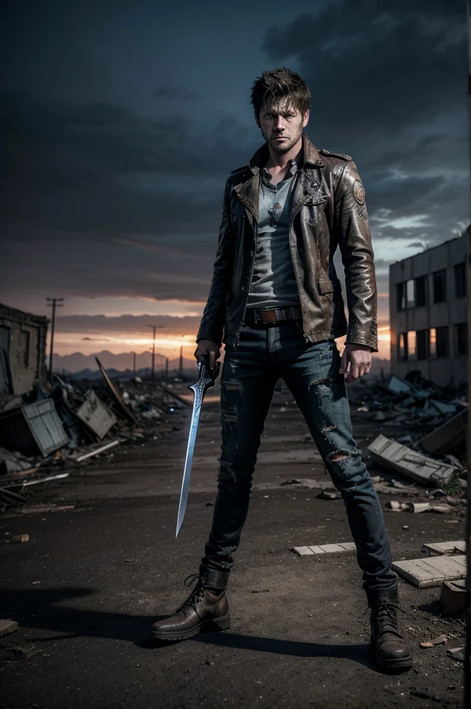 full image of Castiel (SPN) as apocalypse hunter, in defense position, with sharp cylindrical chrome sword in his hands, dirty, worn, torn clothes, scar on his face, beard and long hair, full body image, angry eyes bright blue, scenery in the background of a destroyed night city of the apocalypse, realistic cinematic image in SPN style