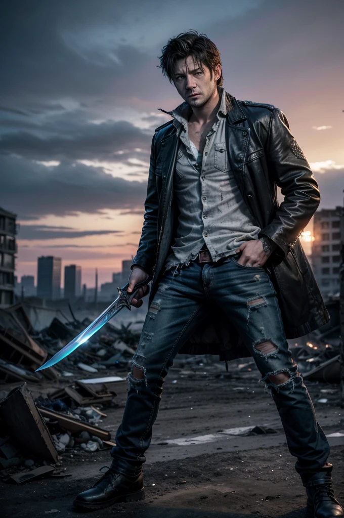 full image of Castiel (SPN) as apocalypse hunter, in defense position, with sharp cylindrical chrome sword in his hands, dirty, worn, torn clothes, scar on his face, beard and long hair, full body image, angry eyes bright blue, scenery in the background of a destroyed night city of the apocalypse, realistic cinematic image in SPN style
