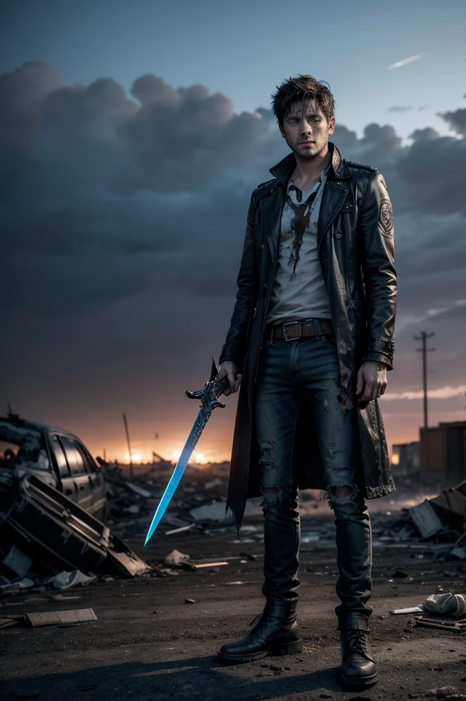 full image of Castiel (SPN) as apocalypse hunter, in defense position, with sharp cylindrical chrome sword in his hands, dirty, worn, torn clothes, scar on his face, beard and long hair, full body image, angry eyes bright blue, scenery in the background of a destroyed night city of the apocalypse, realistic cinematic image in SPN style
