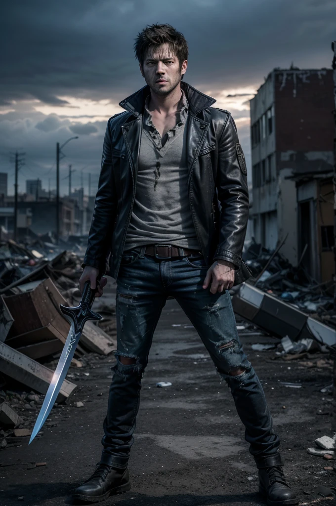 full image of Castiel (SPN) as apocalypse hunter, in defense position, with sharp cylindrical chrome sword in his hands, dirty, worn, torn clothes, scar on his face, beard and long hair, full body image, angry eyes bright blue, scenery in the background of a destroyed night city of the apocalypse, realistic cinematic image in SPN style